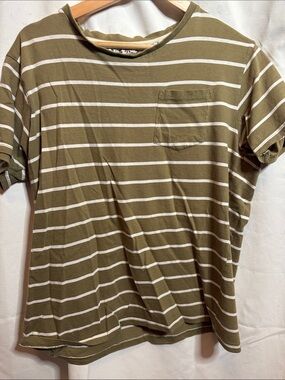 Denim & Flower Olive Green and White Striped Pocket Tee med. #35